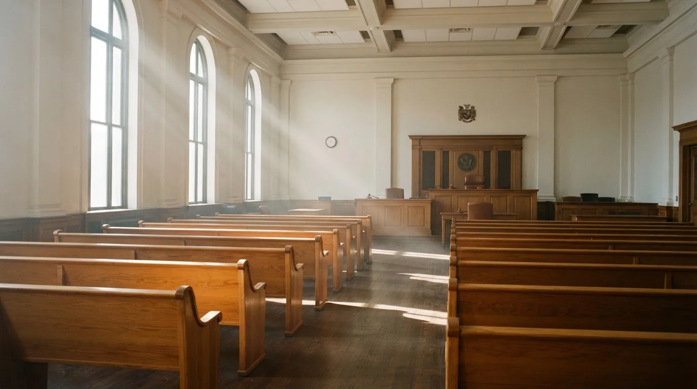 Una sala de tribunal vacía con bancos de madera a la luz de la mañana