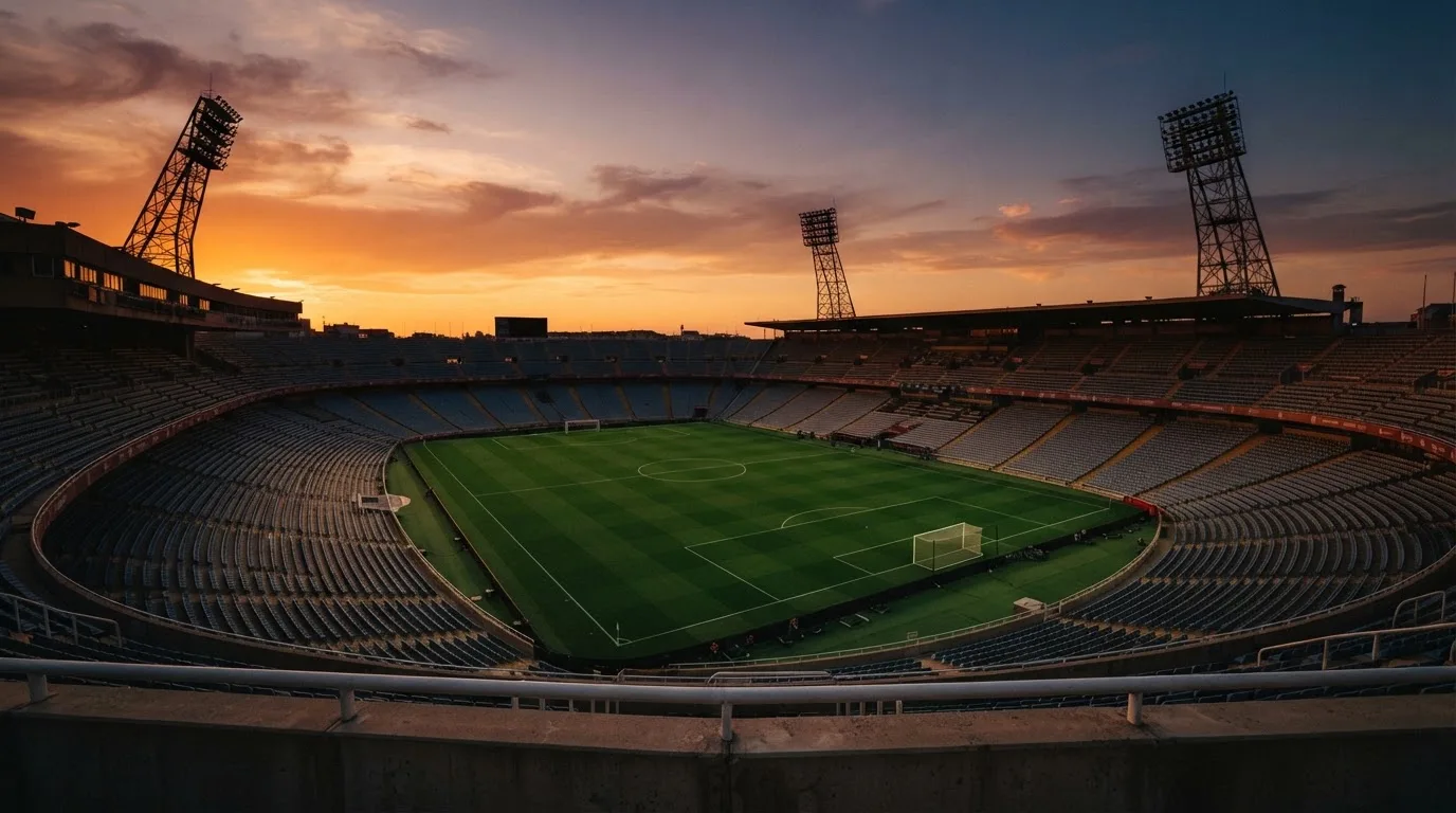 Un estadio de fútbol vacío con torres de iluminación al atardecer