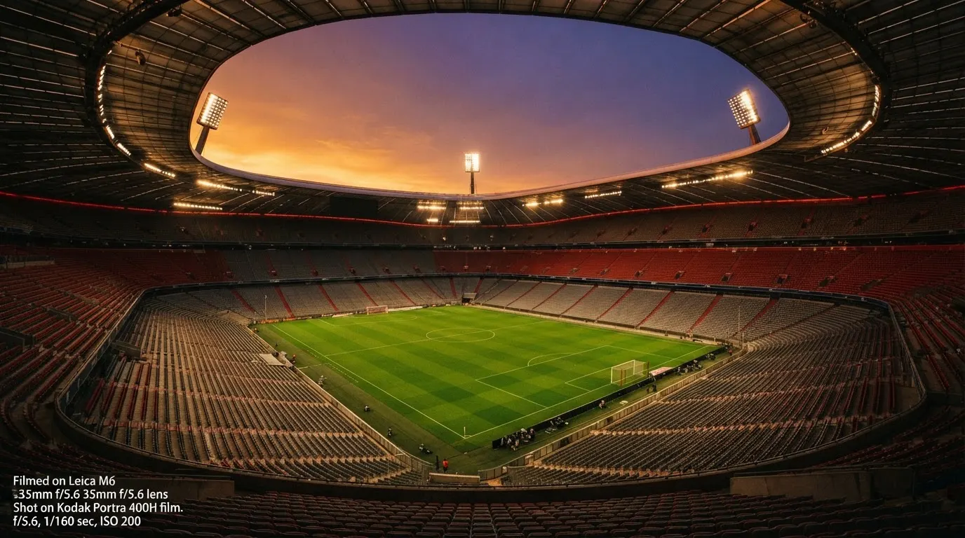Un estadio de fútbol vacío con torres de iluminación al atardecer