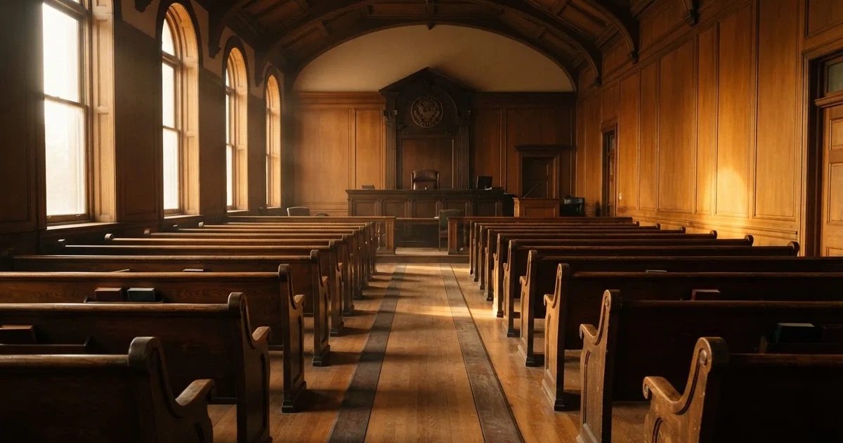 Una sala de tribunal vacía con bancos de madera a la luz de la mañana