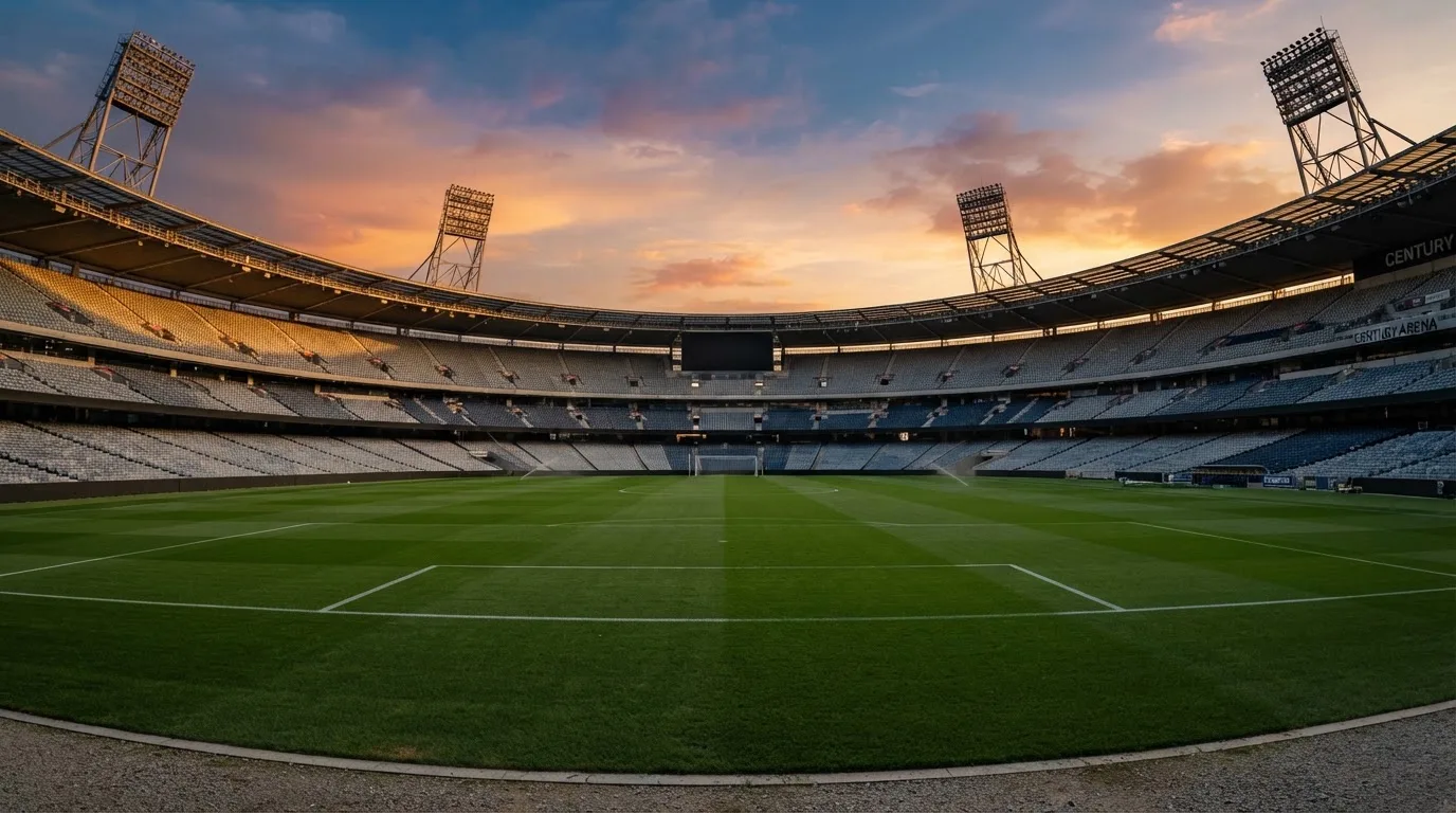 Un estadio de fútbol vacío con torres de iluminación al atardecer