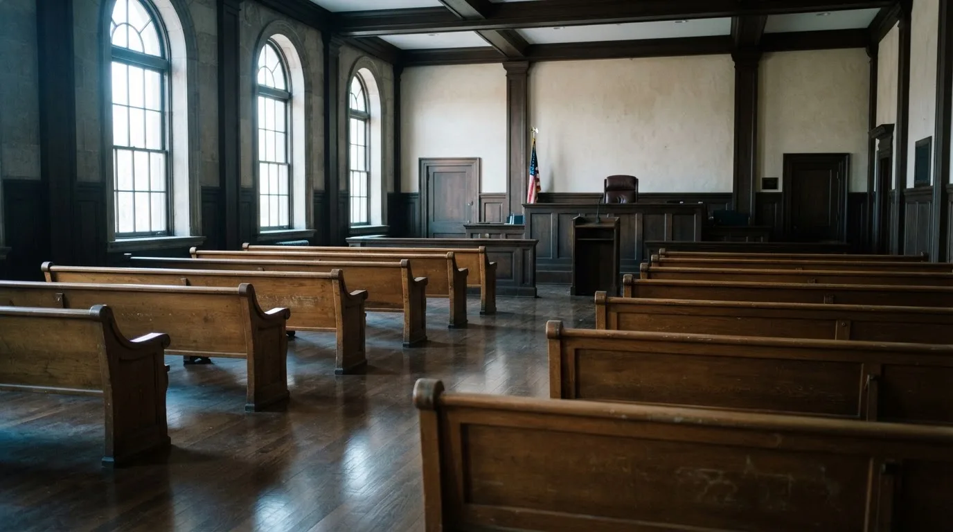Una sala de tribunal vacía con bancos de madera a la luz de la mañana