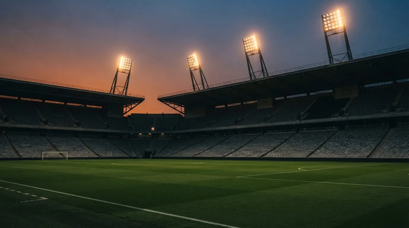 Un estadio de fútbol vacío con torres de iluminación al atardecer