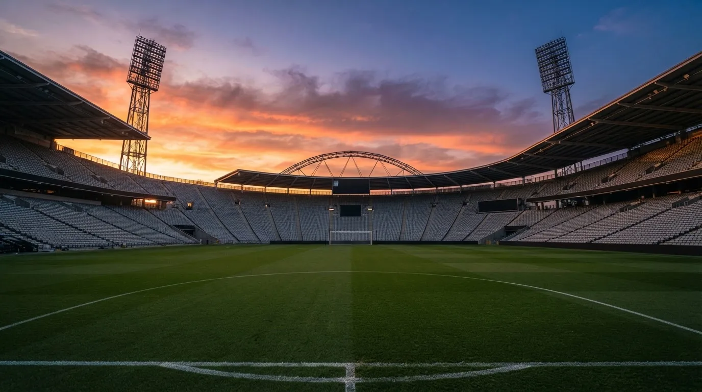 Un estadio de fútbol vacío con torres de iluminación al atardecer
