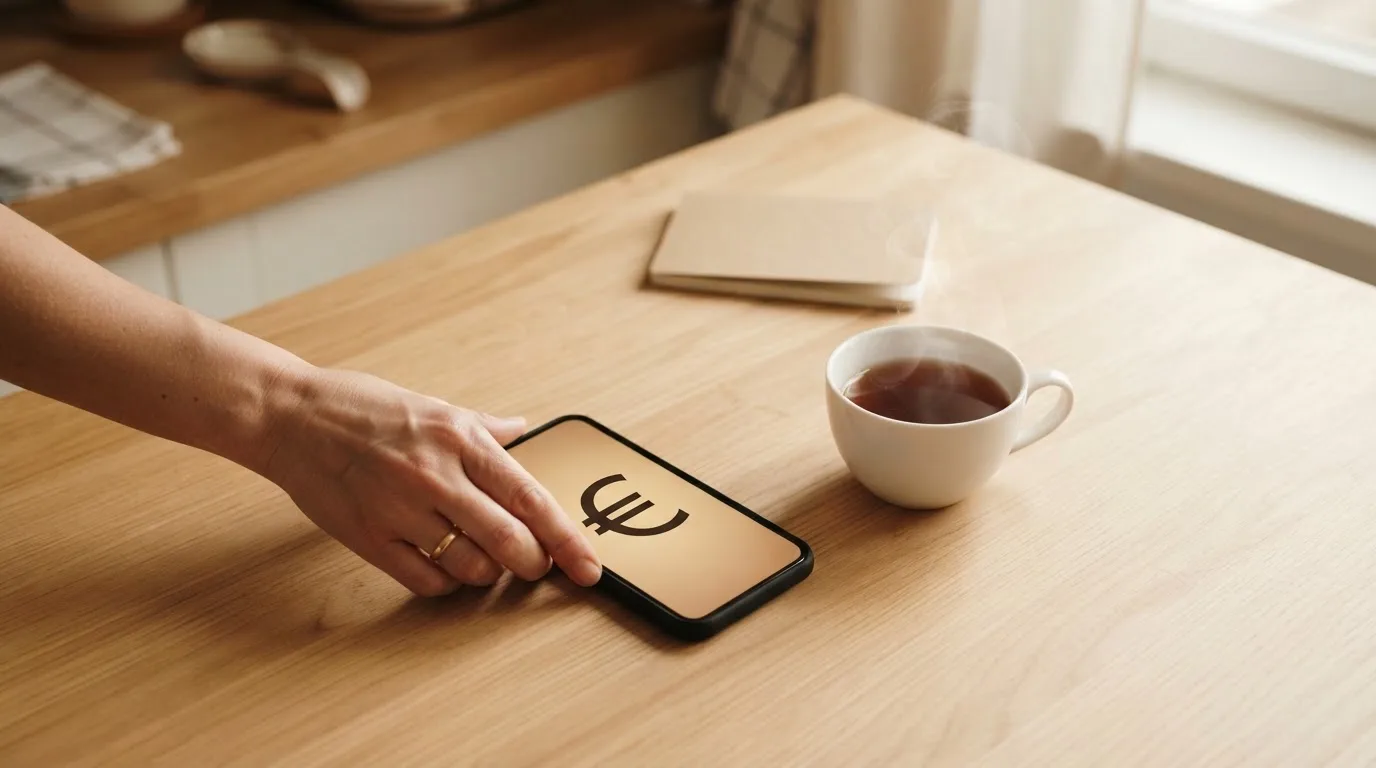 Una mano deja un móvil junto a una taza de té sobre la mesa de la cocina, una tarde tranquila