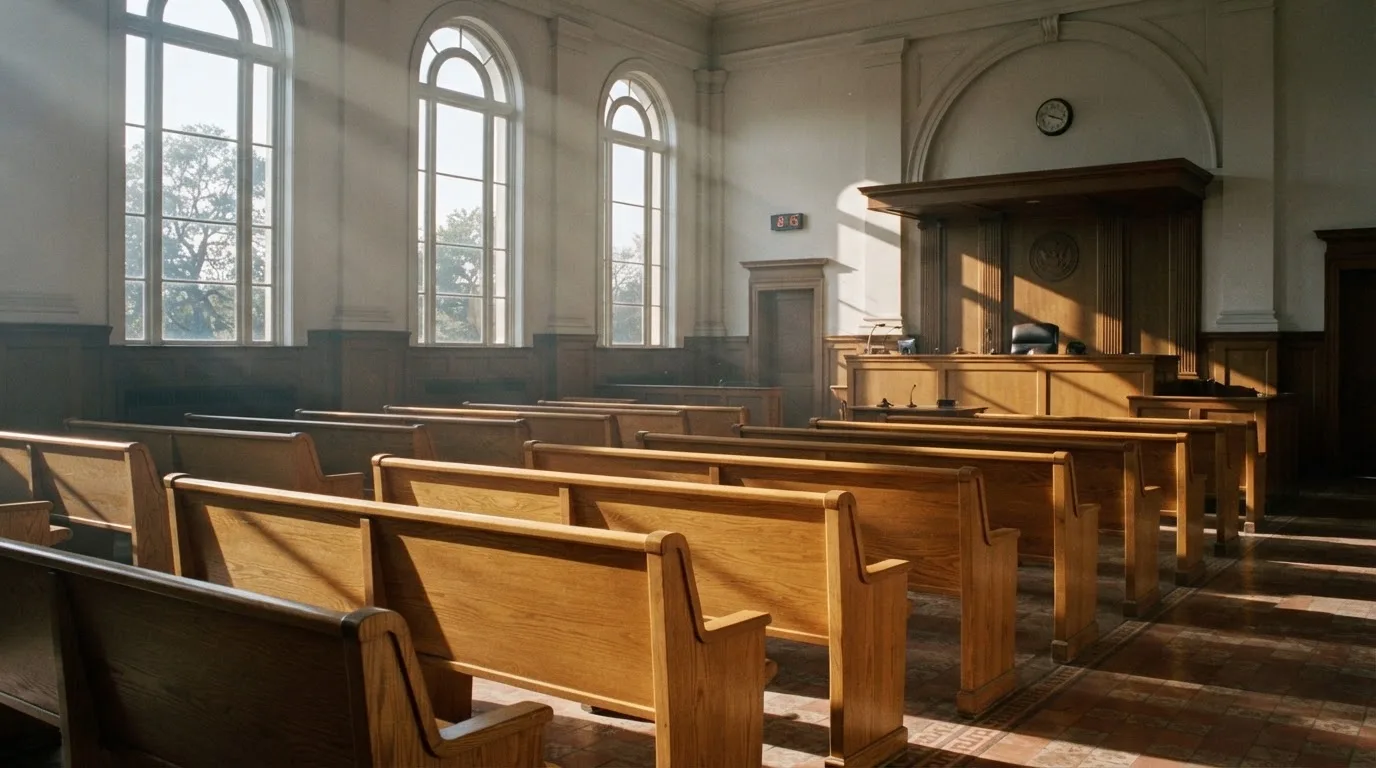 Una sala de tribunal vacía con bancos de madera a la luz de la mañana