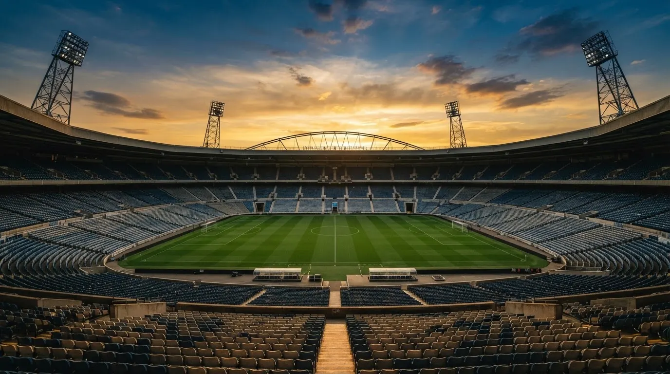Un estadio de fútbol vacío con torres de iluminación al atardecer