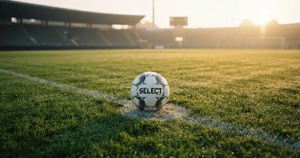 Un balón en el punto central de un campo de césped a la luz de la mañana