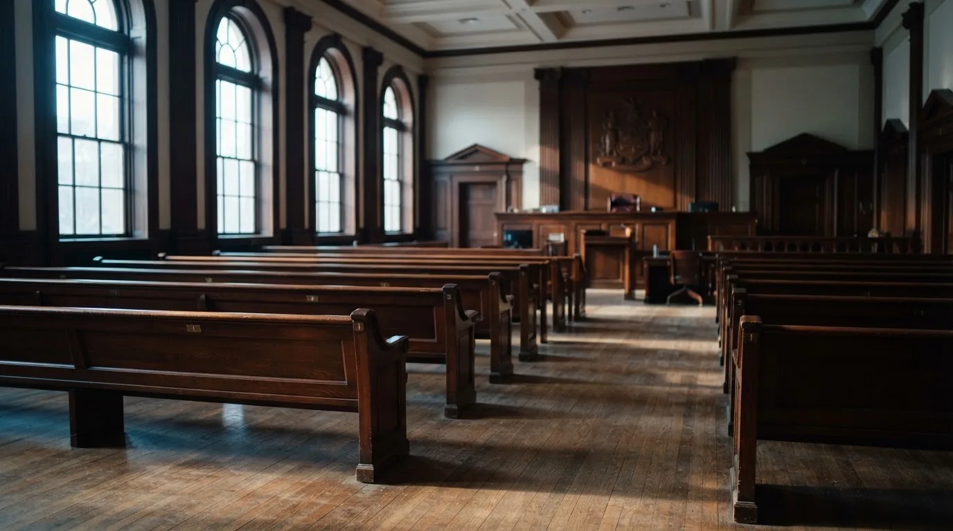 Una sala de tribunal vacía con bancos de madera a la luz de la mañana