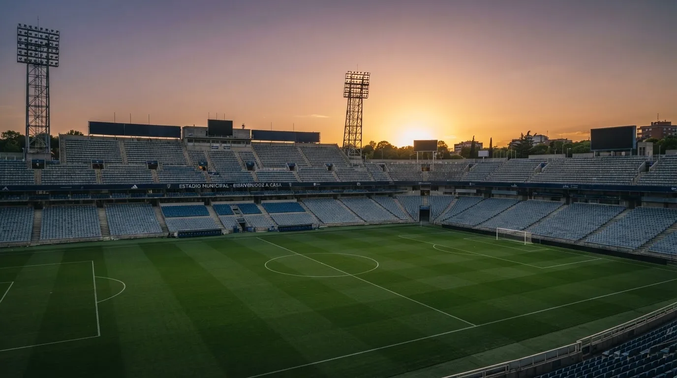 Un estadio de fútbol vacío con torres de iluminación al atardecer