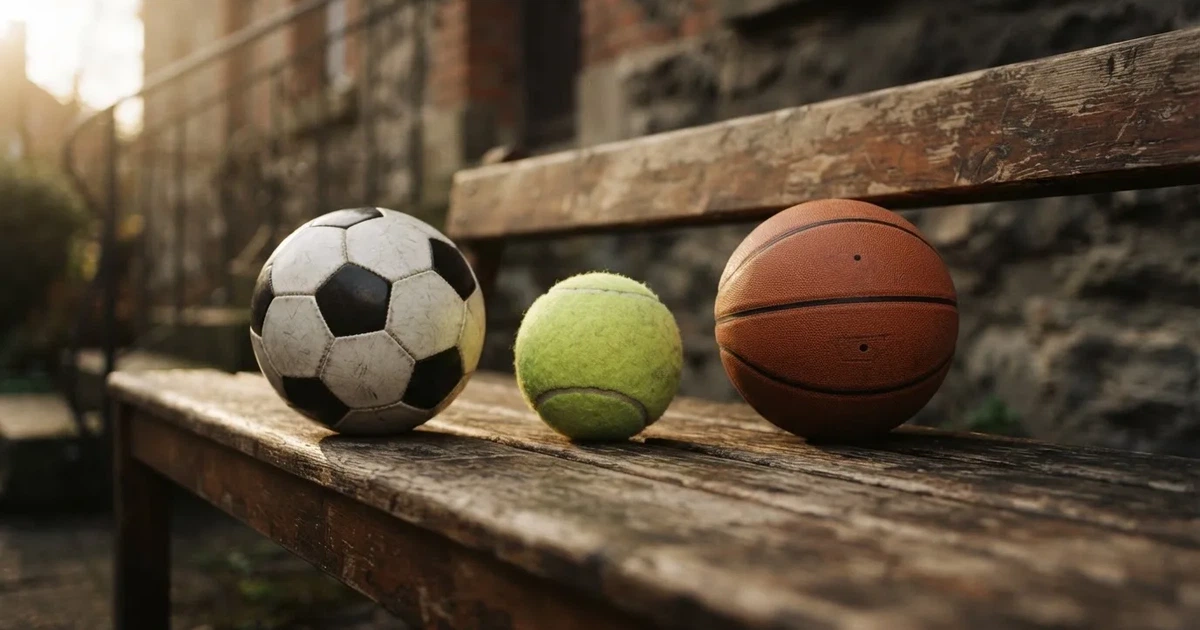 Tres balones de distintos tipos, uno junto a otro, sobre un banco de madera