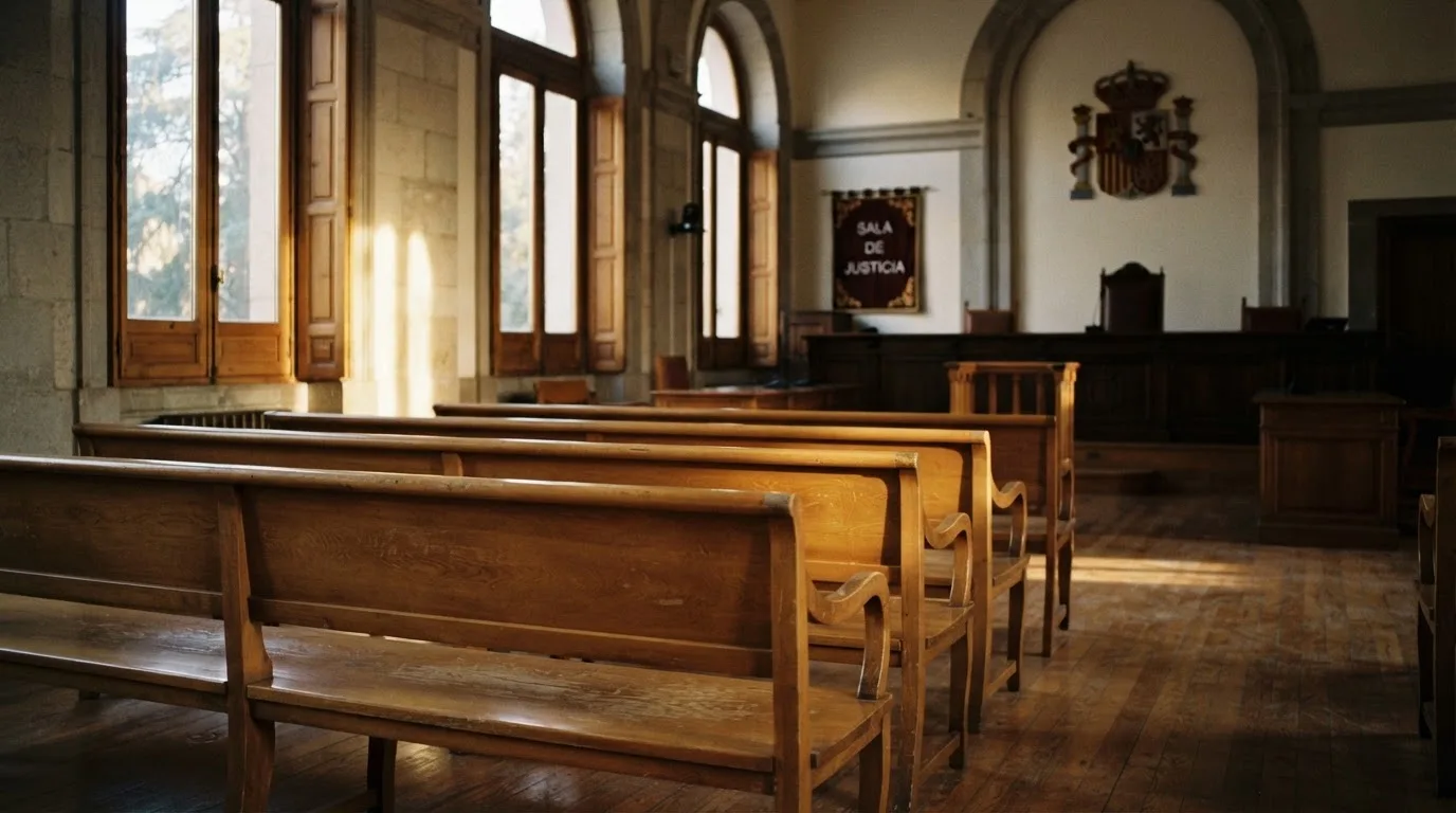 Una sala de tribunal vacía con bancos de madera a la luz de la mañana