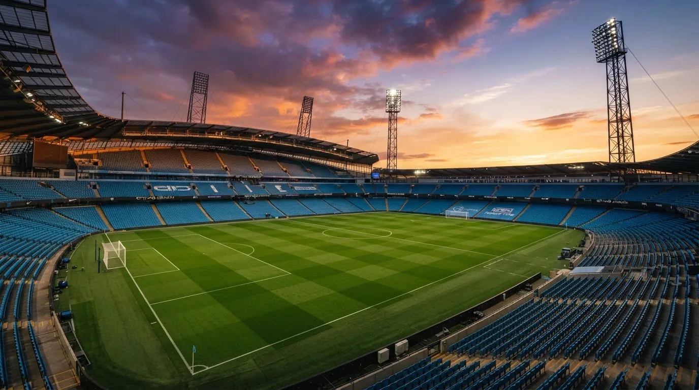 Un estadio de fútbol vacío con torres de iluminación al atardecer