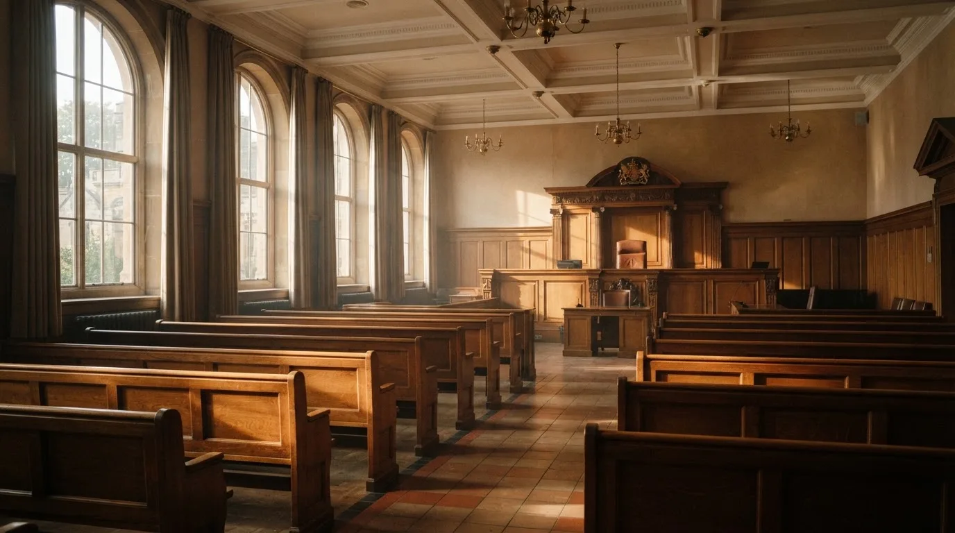Una sala de tribunal vacía con bancos de madera a la luz de la mañana