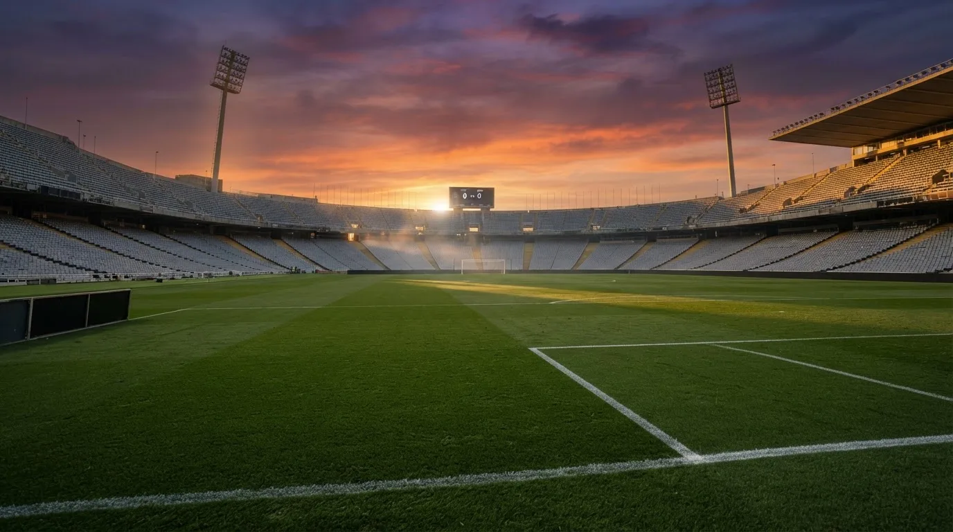 Un estadio de fútbol vacío con torres de iluminación al atardecer