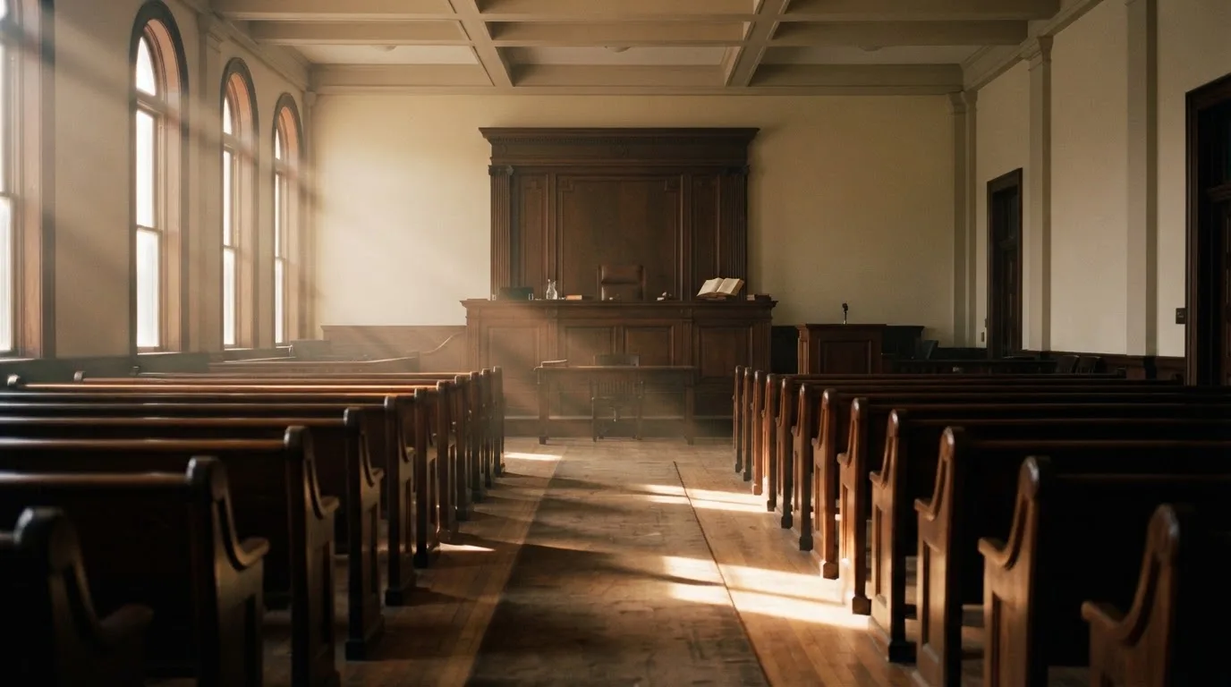 Una sala de tribunal vacía con bancos de madera a la luz de la mañana
