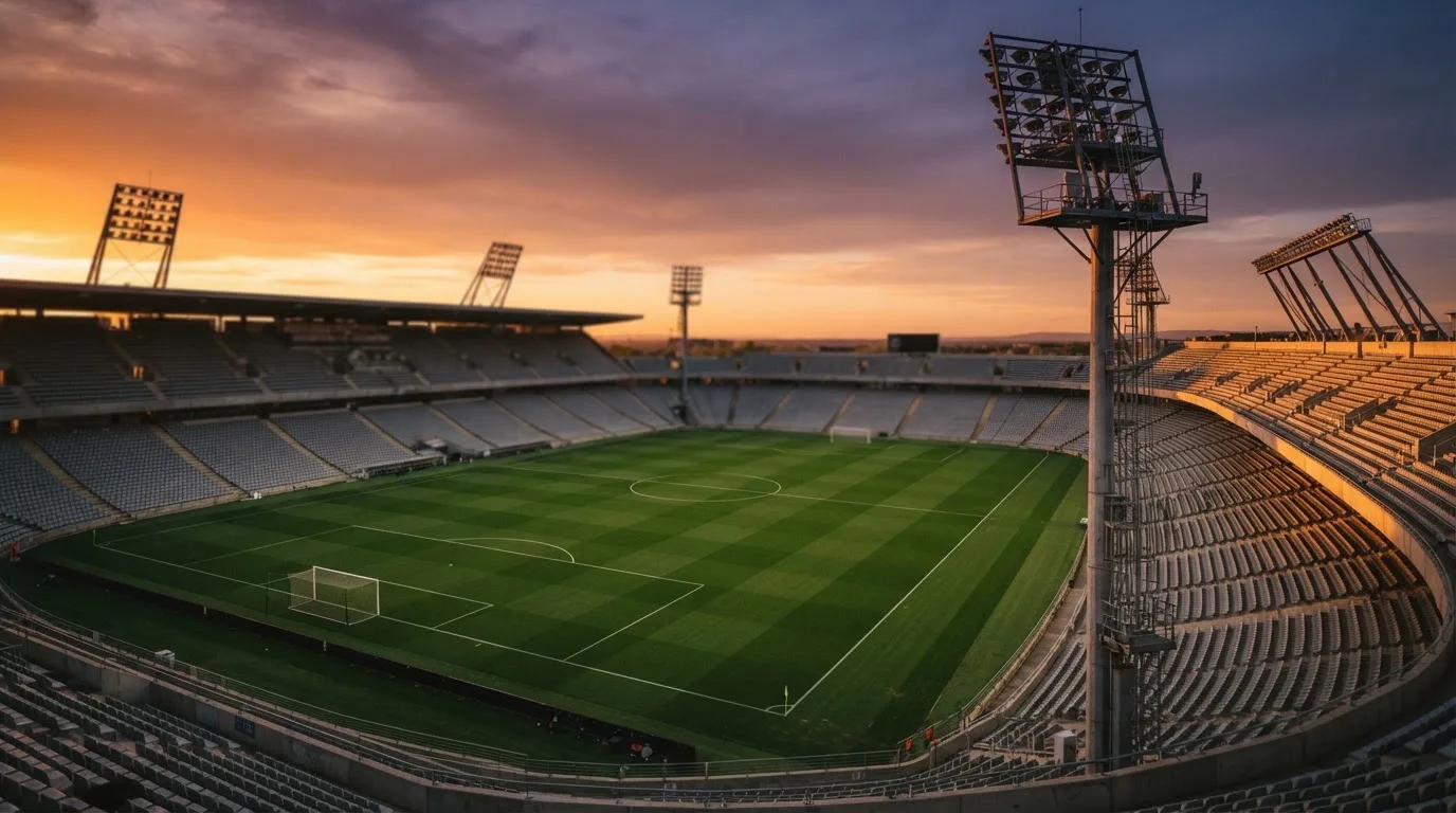 Un estadio de fútbol vacío con torres de iluminación al atardecer