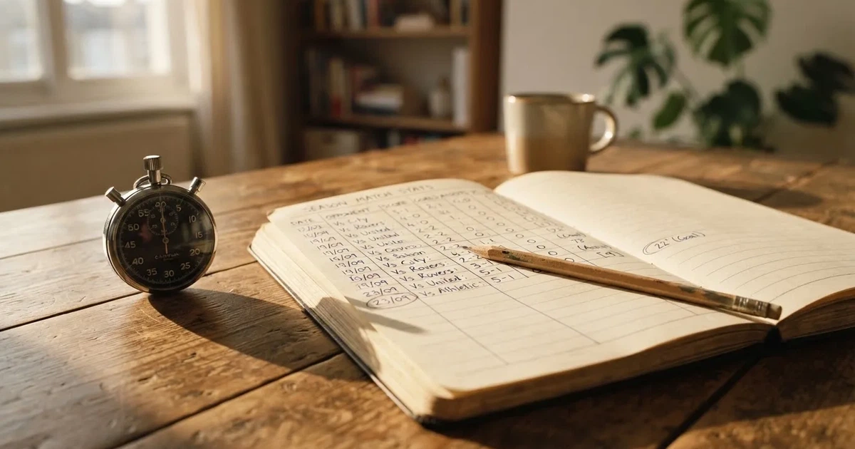 Un cuaderno abierto con un lápiz y un cronómetro sobre una mesa de madera