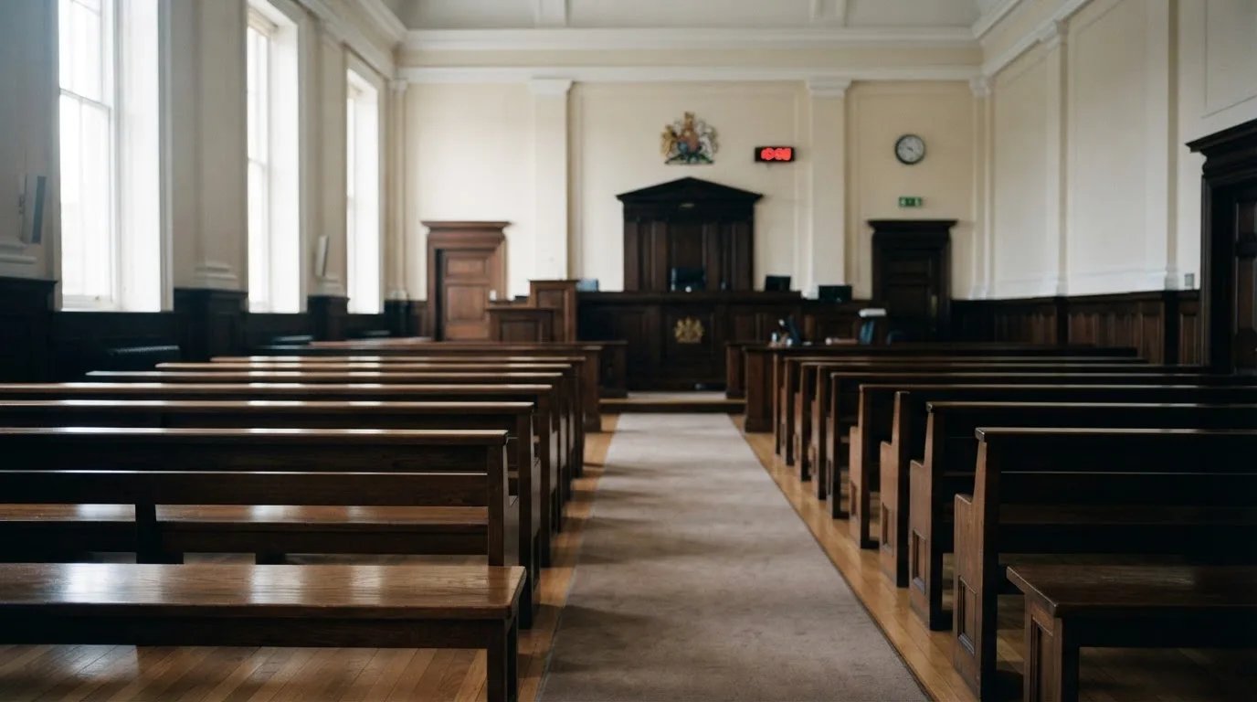 Una sala de tribunal vacía con bancos de madera a la luz de la mañana