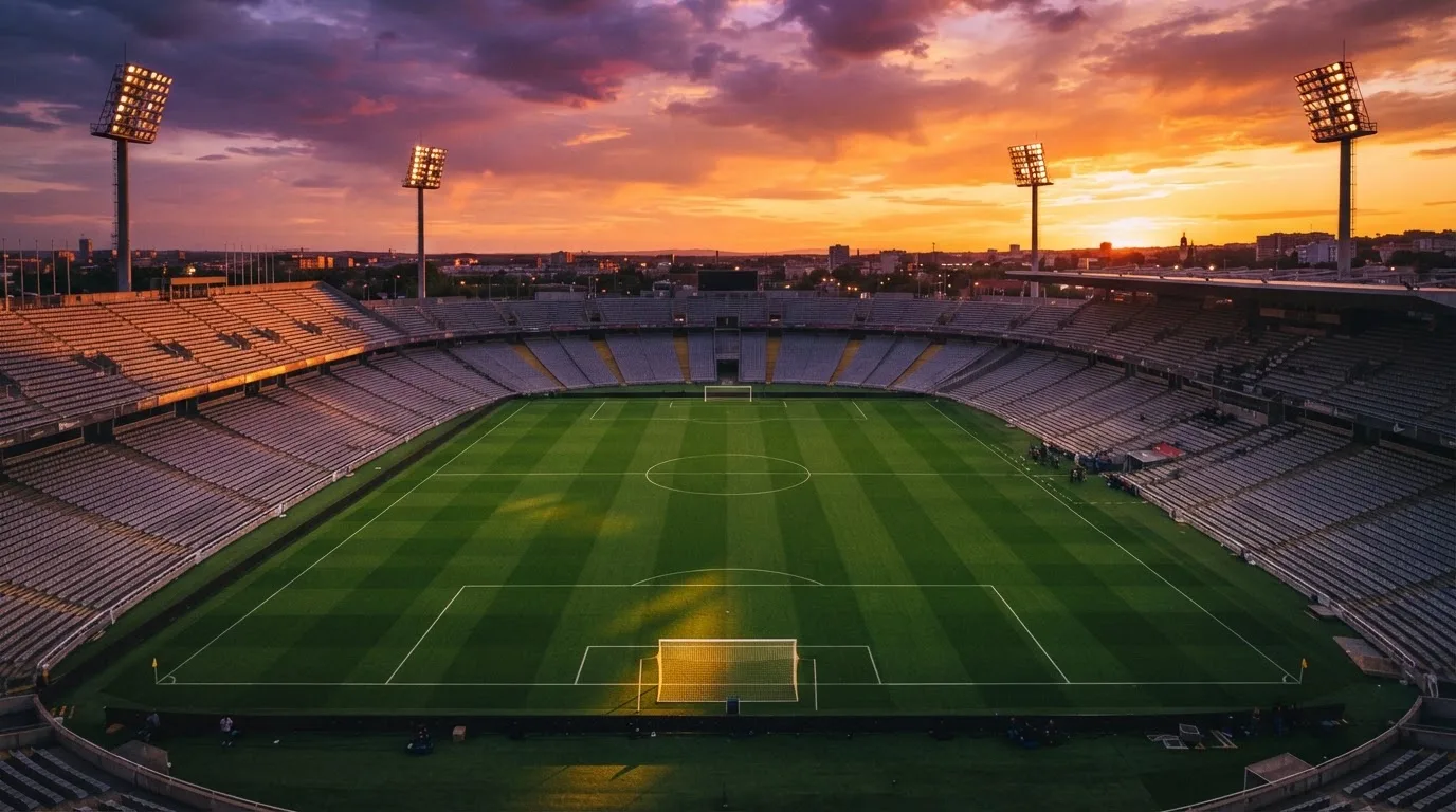 Un estadio de fútbol vacío con torres de iluminación al atardecer