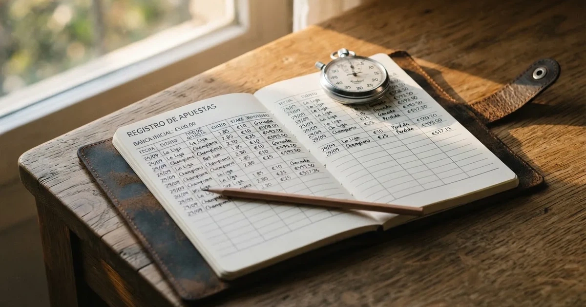 Un cuaderno abierto con un lápiz y un cronómetro sobre una mesa de madera