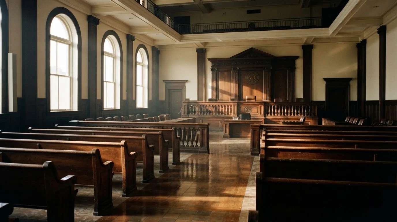 Una sala de tribunal vacía con bancos de madera a la luz de la mañana