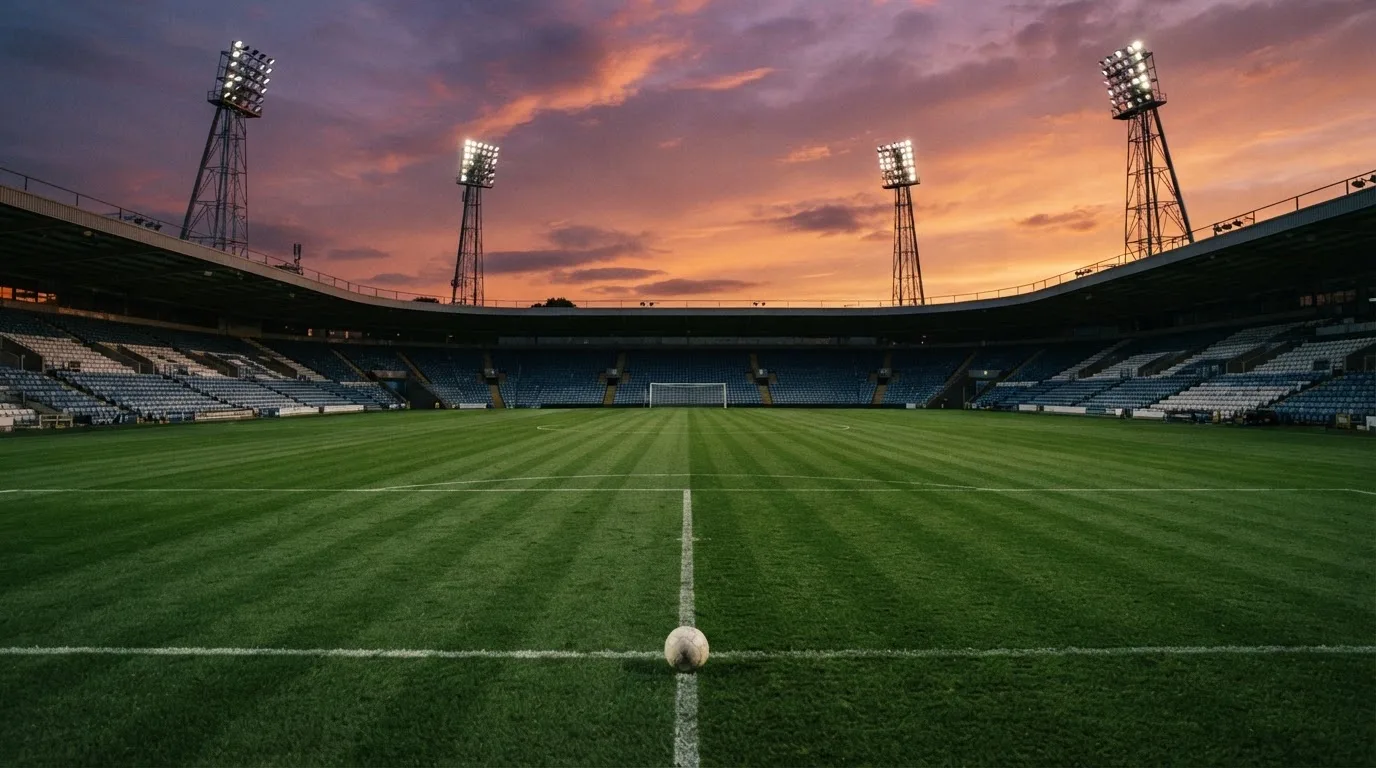 Un estadio de fútbol vacío con torres de iluminación al atardecer