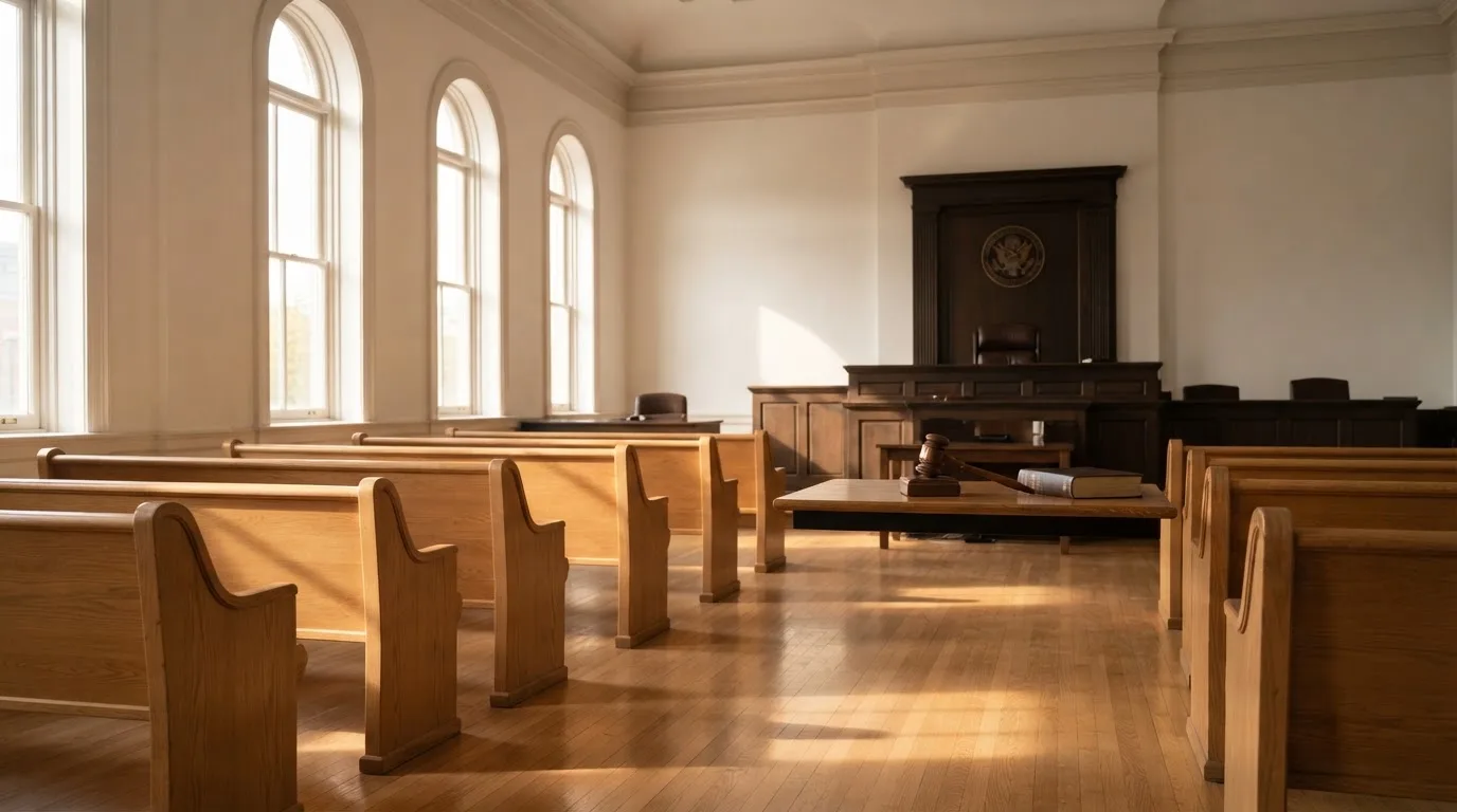 Una sala de tribunal vacía con bancos de madera a la luz de la mañana