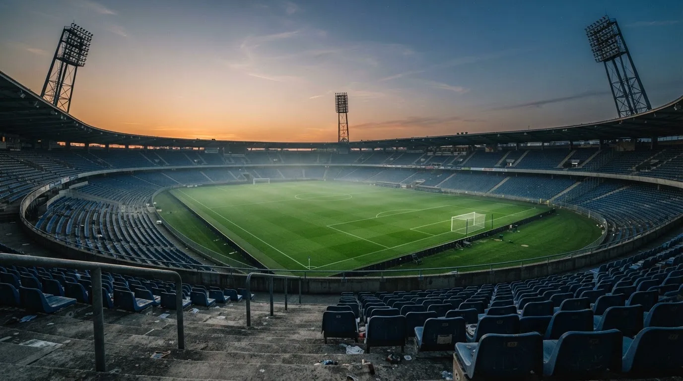 Un estadio de fútbol vacío con torres de iluminación al atardecer