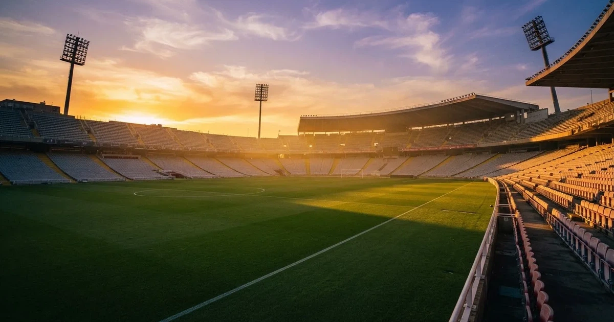 Un estadio de fútbol vacío con torres de iluminación al atardecer