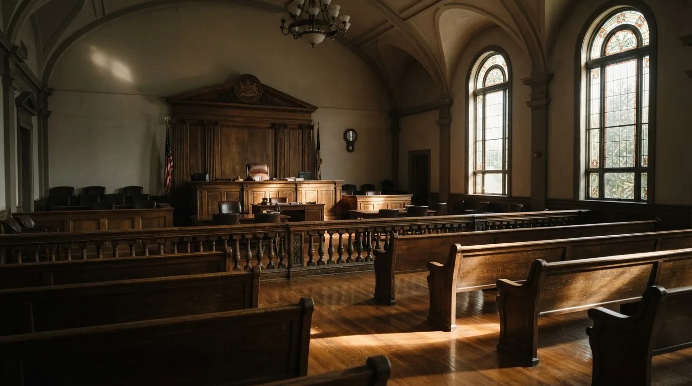 Una sala de tribunal vacía con bancos de madera a la luz de la mañana
