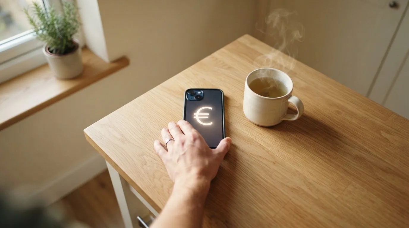 Una mano deja un móvil junto a una taza de té sobre la mesa de la cocina, una tarde tranquila