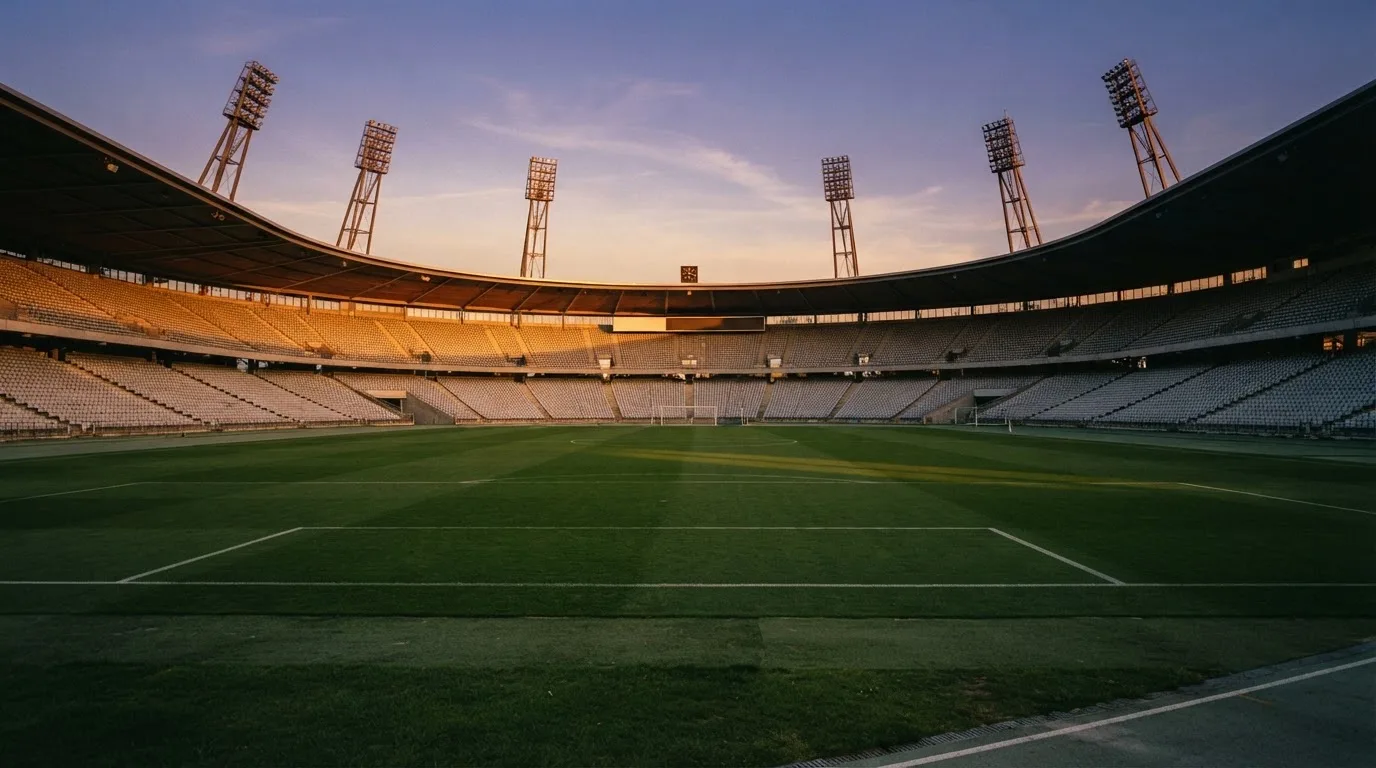 Un estadio de fútbol vacío con torres de iluminación al atardecer