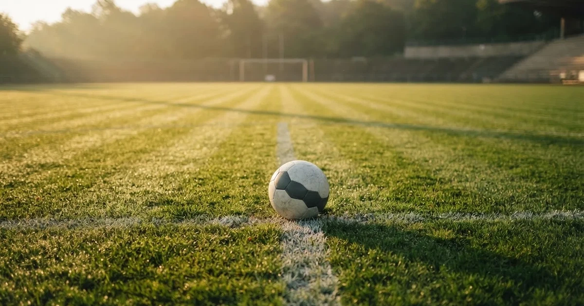 Un balón en el punto central de un campo de césped a la luz de la mañana