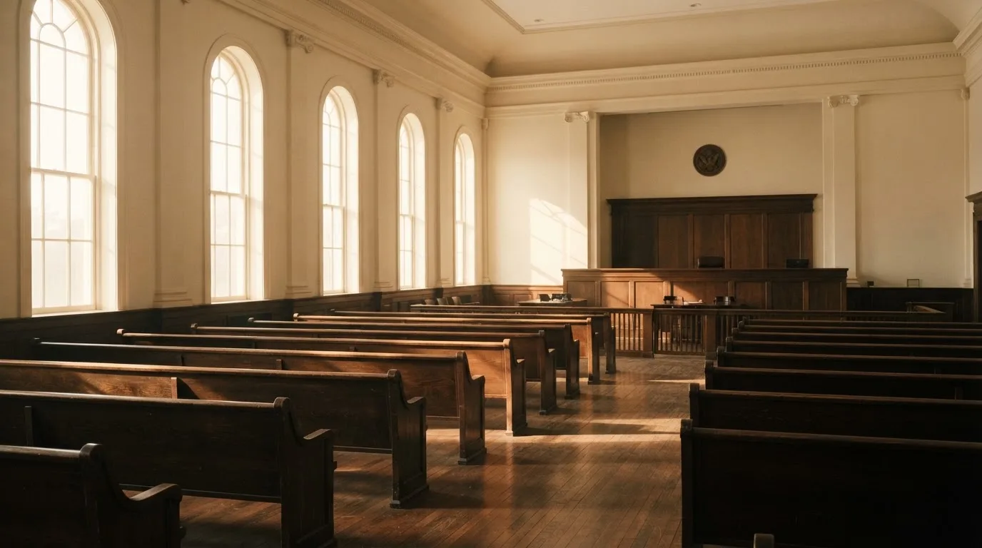 Una sala de tribunal vacía con bancos de madera a la luz de la mañana