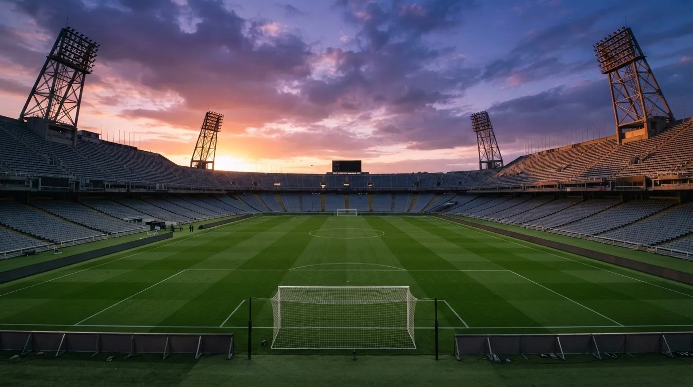 Un estadio de fútbol vacío con torres de iluminación al atardecer