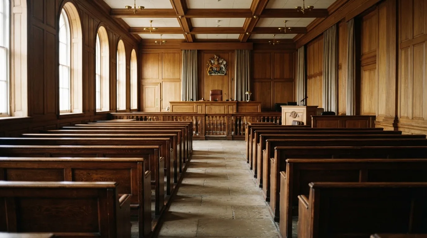 Una sala de tribunal vacía con bancos de madera a la luz de la mañana