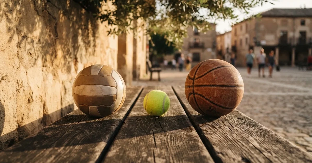 Tres balones de distintos tipos, uno junto a otro, sobre un banco de madera