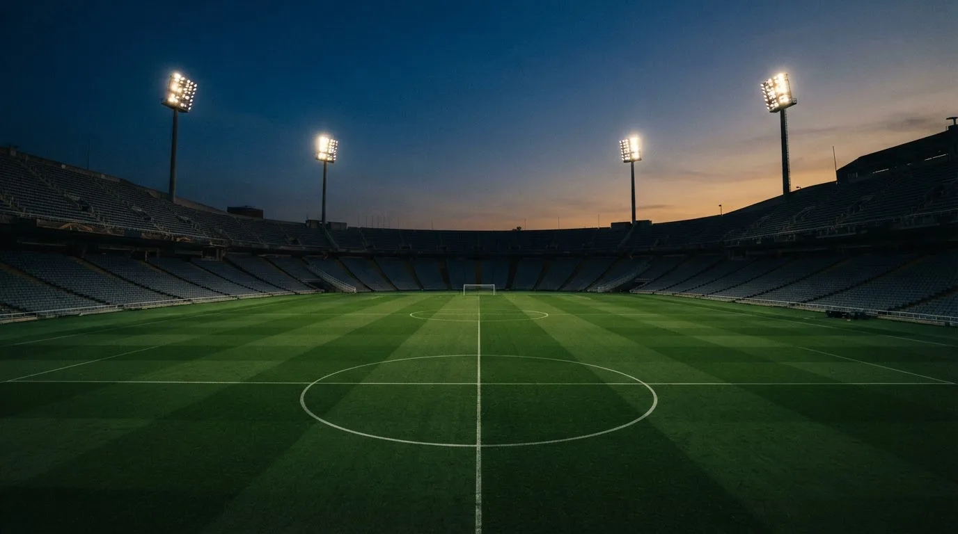 Un estadio de fútbol vacío con torres de iluminación al atardecer
