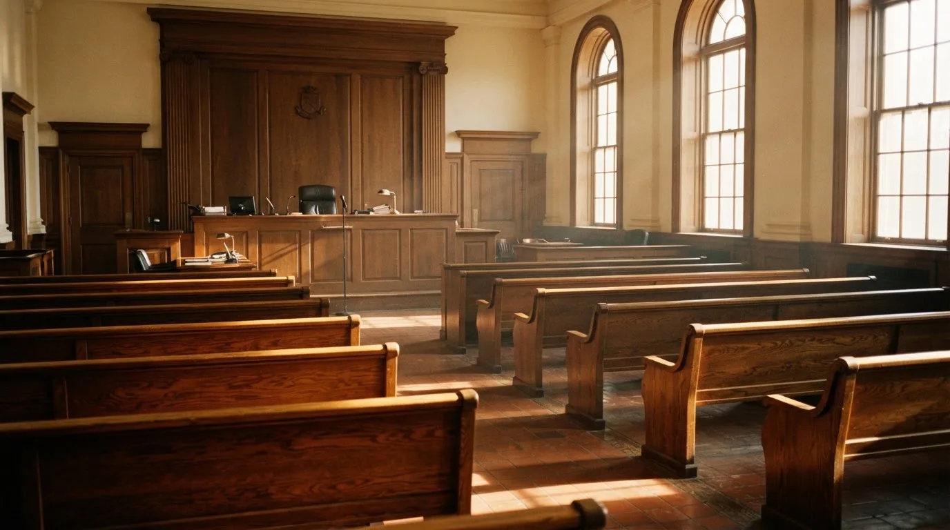 Una sala de tribunal vacía con bancos de madera a la luz de la mañana