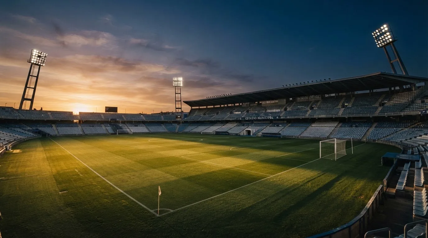 Un estadio de fútbol vacío con torres de iluminación al atardecer