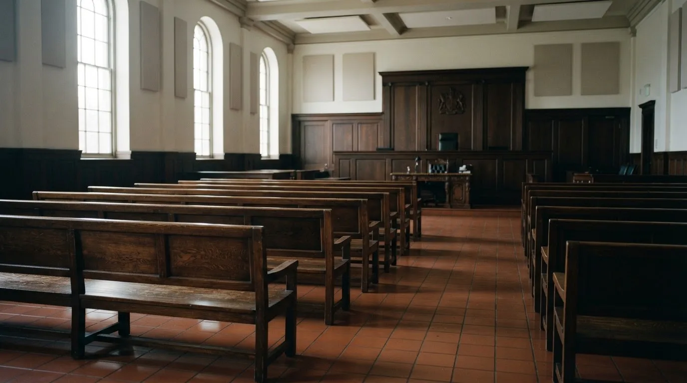 Una sala de tribunal vacía con bancos de madera a la luz de la mañana