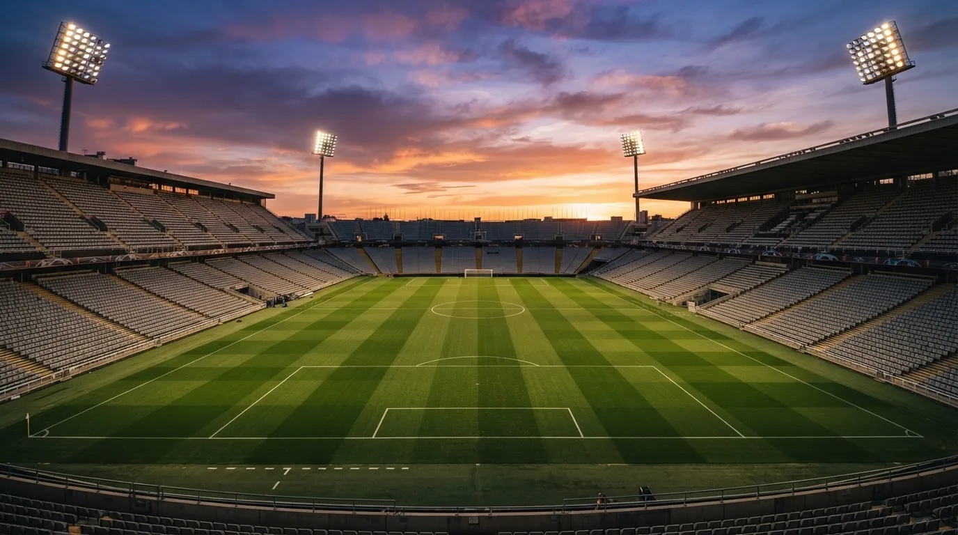 Un estadio de fútbol vacío con torres de iluminación al atardecer