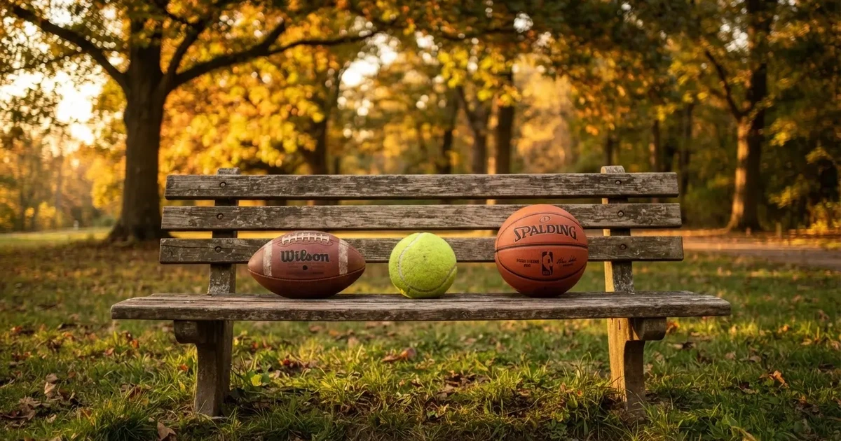 Tres balones de distintos tipos, uno junto a otro, sobre un banco de madera