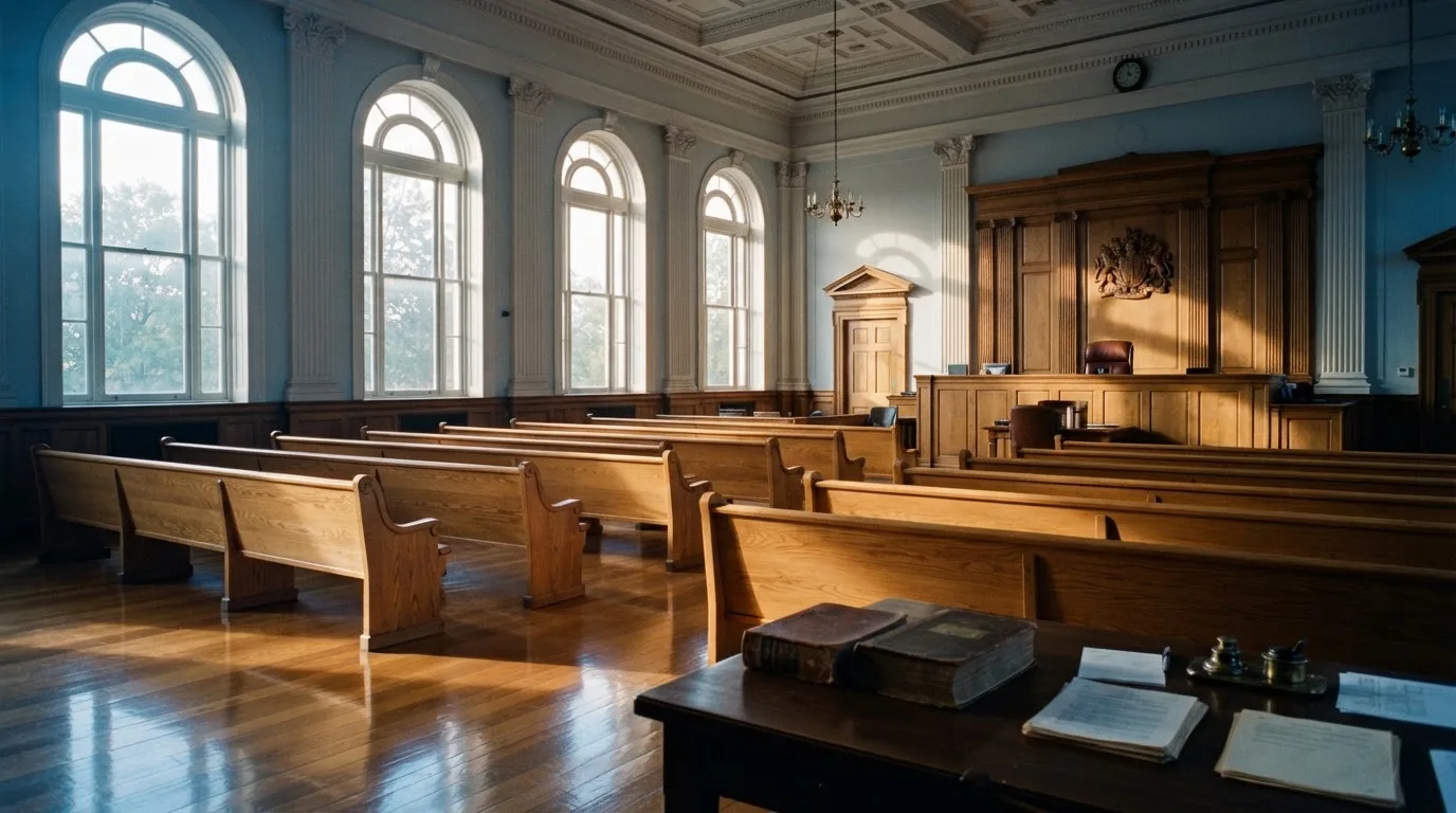 Una sala de tribunal vacía con bancos de madera a la luz de la mañana