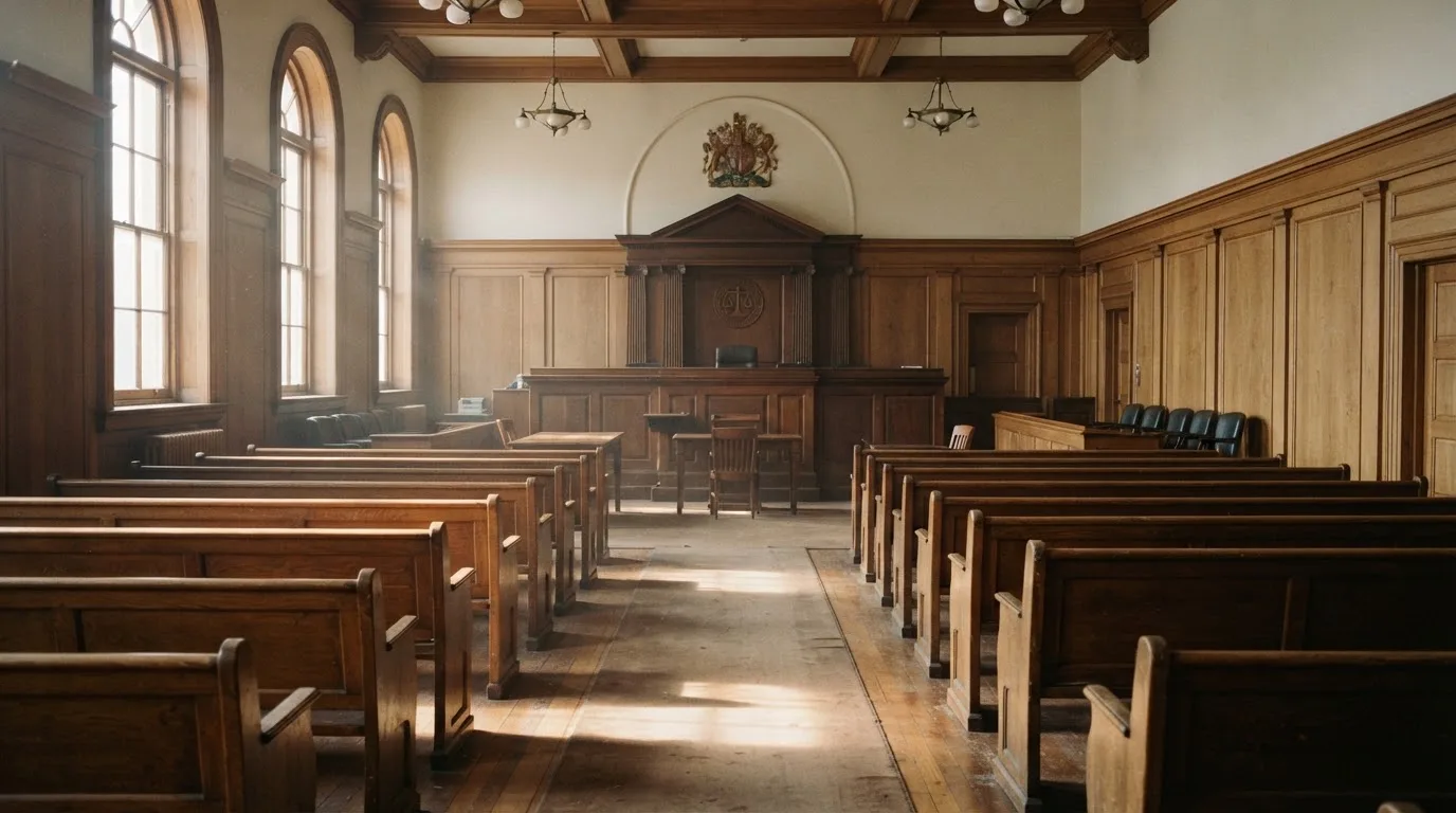 Una sala de tribunal vacía con bancos de madera a la luz de la mañana