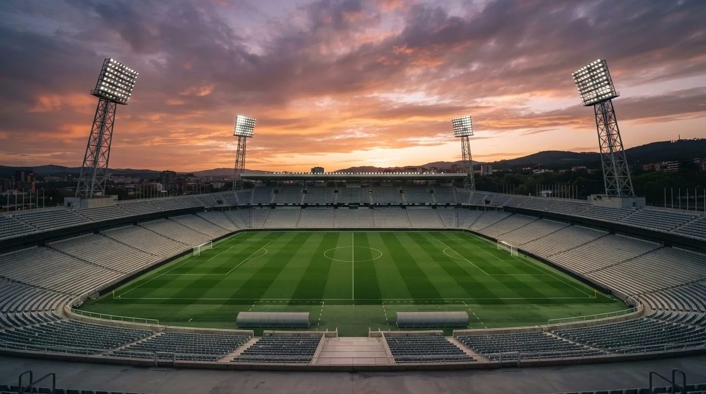 Un estadio de fútbol vacío con torres de iluminación al atardecer