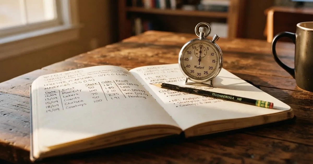 Un cuaderno abierto con un lápiz y un cronómetro sobre una mesa de madera