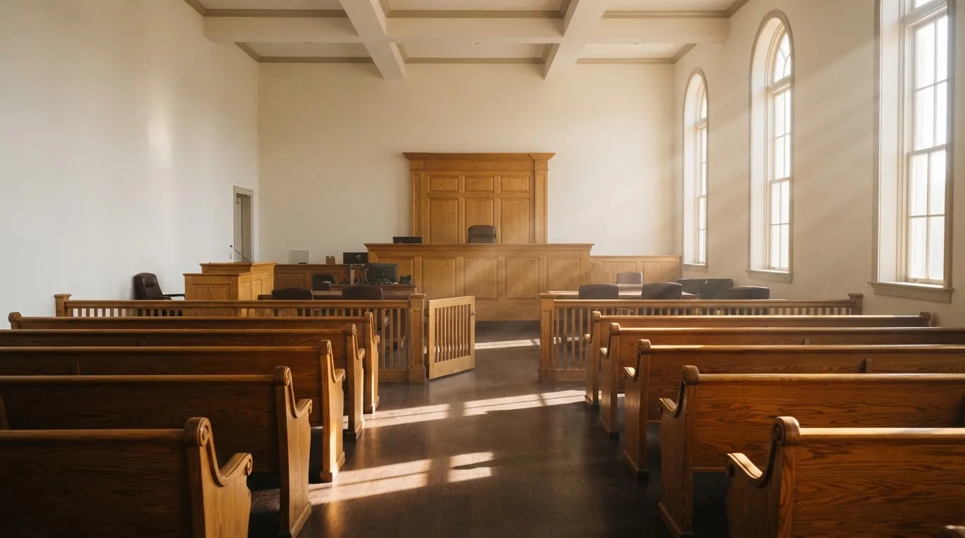 Una sala de tribunal vacía con bancos de madera a la luz de la mañana