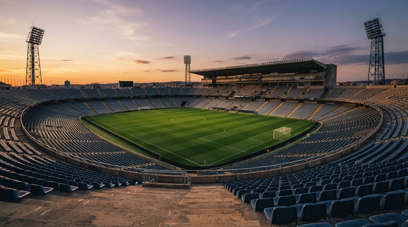 Un estadio de fútbol vacío con torres de iluminación al atardecer